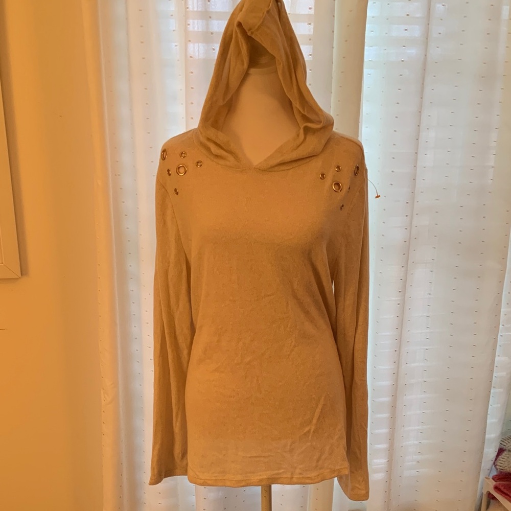 Women's Cream Hooded Sweater with embellished shoulders.